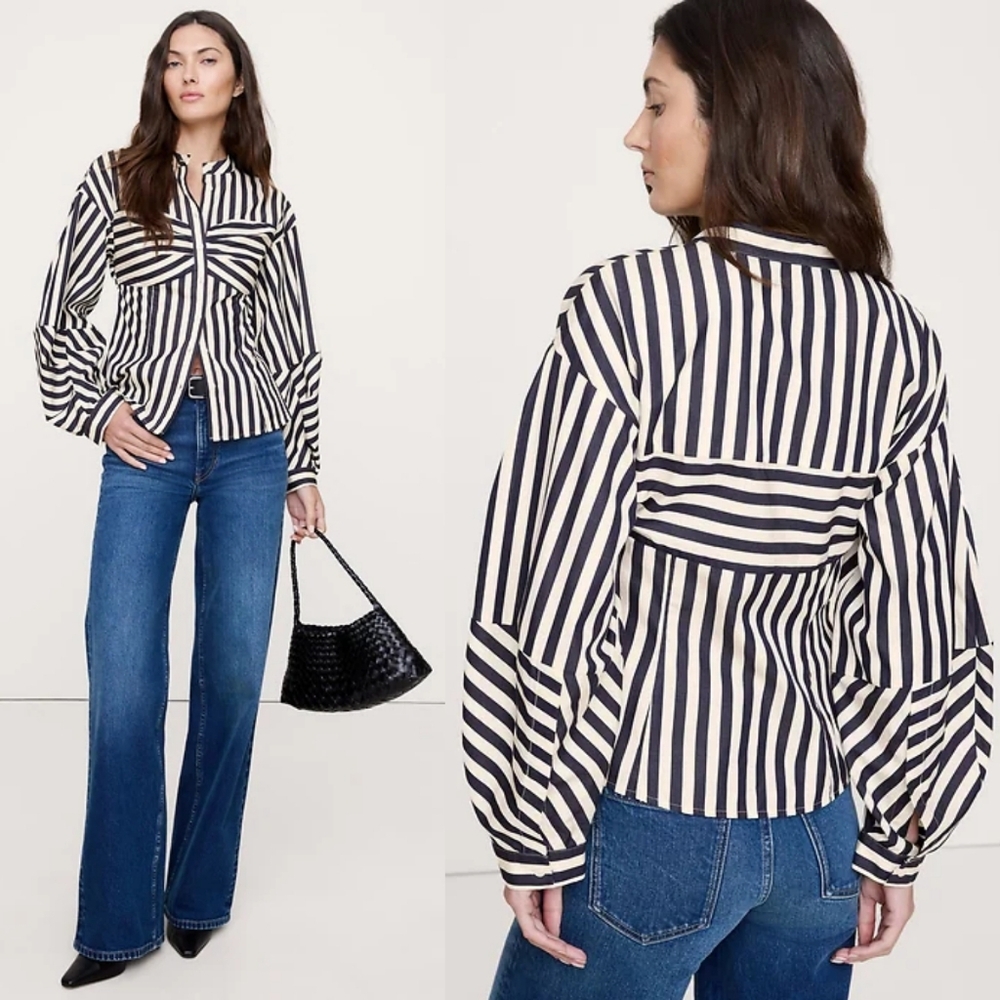 BANANA REPUBLIC Cotton Poplin Balloon Sleeve Shirt In Navy Blue Stripe 10 NWT.